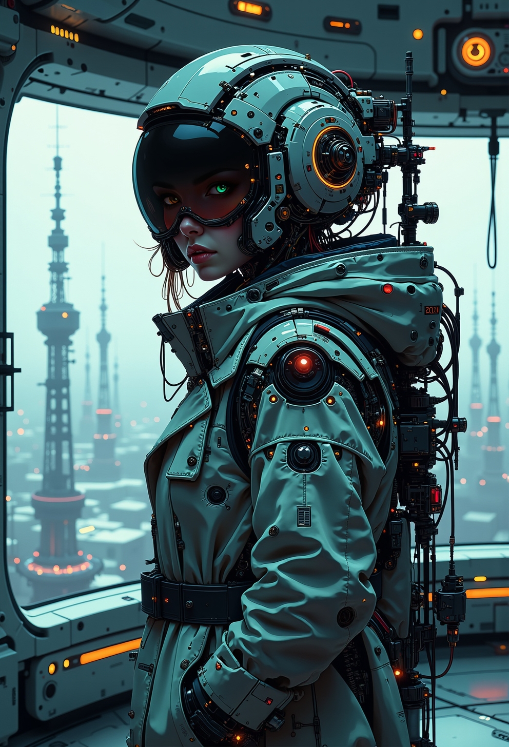 <lora:ck-nc-pastel-cyberpunk:0.9>, A digital artwork in the style of cknc, upper body close up face shot of a mysterious cyberpunk woman looking at the viewer, direct eye contact. , They wear a long, insulated trench coat made of reflective, metallic fabric that shimmers in the pale sunlight. The coat has a high collar, partially concealing their face, while their head is covered by a hood lined with futuristic gadgets—small sensors and antennas scanning the environment. Their eyes, visible beneath the hood, have a faint glow, suggesting cybernetic enhancements. inside the observation deck of Artemis Station, where sleek, transparent walls stretch across the curved room, offering an uninterrupted view of the cold fog-covered world below. Through the thick fog, faint outlines of distant towers can be seen, their lights flickering like fireflies in the mist. Inside, the room is minimalistic, with glossy black and white surfaces reflecting the soft ambient glow of the station's internal lighting. A series of floating holographic interfaces hover near the glass, displaying cryptic data in neon blue and orange. The cold metallic floor subtly vibrates with the pulse of the station's machinery. The camera angle is from the far corner, giving a wide-angle view of the panoramic window, capturing the vastness of both the interior and the eerie, endless fog outside. Rays of diffused light from above occasionally penetrate the fog, casting ethereal reflections on the transparent walls.