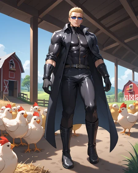 PonyScores7, source_anime, ah1, best quality, (masterpiece:1.4), (high quality:1.4), sharp focus, 4k, absurd resolution, <lora:albertwesker-guy-PONYv1:0.8> albertwesker, albert wesker, 1boy, blonde, black gloves, (sunglasses:1.3), belt, black coat, black pants, looking at viewer, toned, athletic, fit, slicked back hair, black turtleneck, zipper, mature male, short hair, (graphene textured clothes), black boots, (malevolent poltergeist, invisible force with a sinister laugh and a floating knife), (Farm, Chicken Coop, small wooden structure with wire mesh fencing, nesting boxes inside, chickens clucking and moving around, a feed dispenser near the entrance), bad-hands-5, <lora:xl_more_art-full_v1:0.2>, <lora:shinyskin2:0.2> glistening skin, <lora:aesthetic_anime_v1s:0.2>, <lora:Expressive_H:0.2> Expressiveh, <lora:hairdetailpxl:0.2> hairdetailpxl, <lora:detailxl:0.2> detailxl, (Low angle (from the side) view Close shot (focus on head)), (focused, intense glare), short hair, blue eyes, best quality, amazing quality, best aesthetic, absurdres, <lora:expressive eyes:0.2> expressive eyes, <lora:eyedetailpxl:0.2> eyedetailpxl, illustration, Volumetric_Lighting, ultra-detailed, very aesthetic, intricate details, 8k, masterpiece, best_quality, (angular face, sharp_featured face), <lora:Eyes_High_Definition:0.2> EyesHD, handsome, charming, alluring, AS-MidAged, <lora:Complicated fantasy portrait - XL Pony V2.0:0.4>