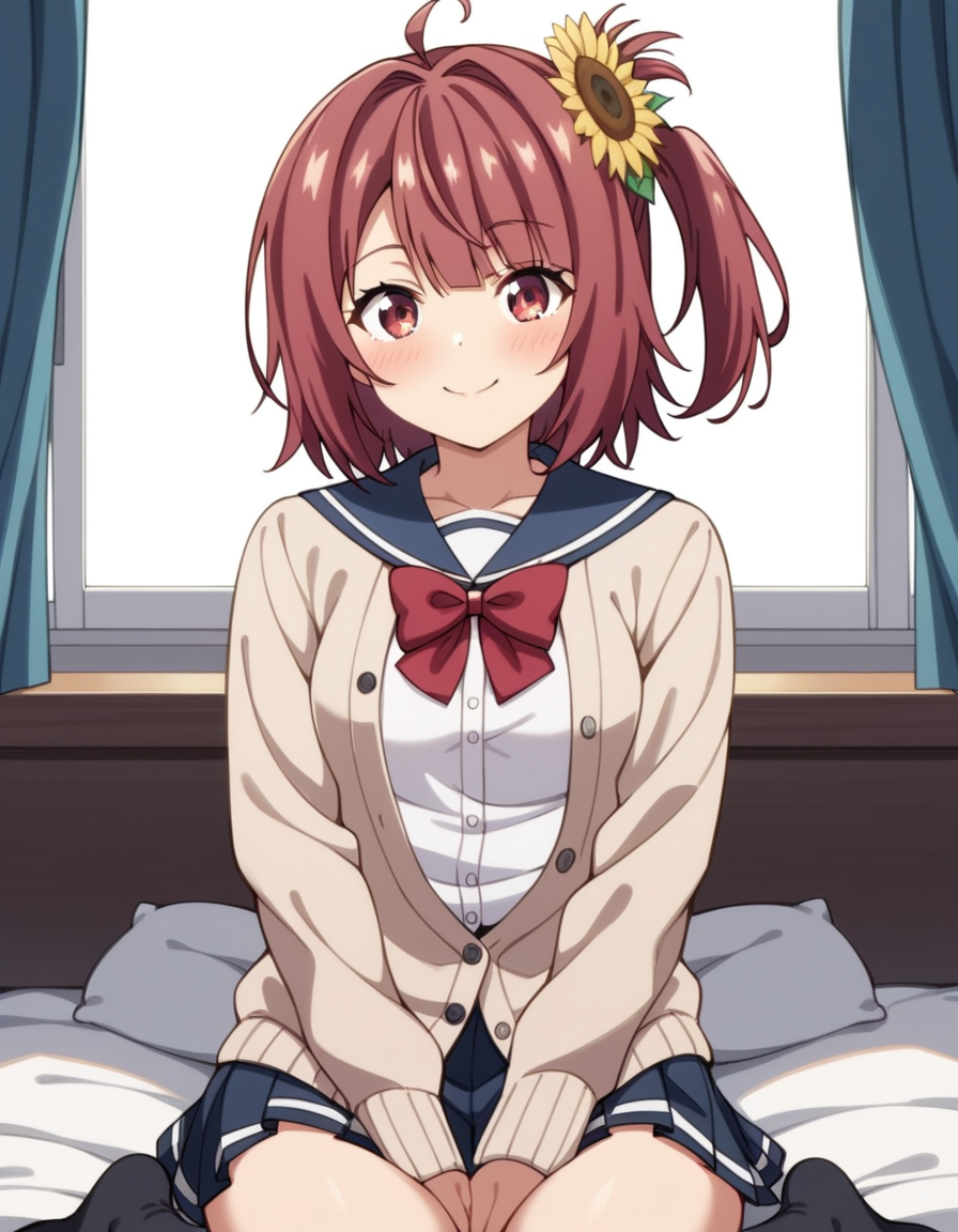 score_9, score_8_up, score_7_up, source_anime, uncensored, <lora:StS_detail_slider_v1:3>, zPDXLxxx, <lora:Aoi_Hinata_PONYXL_VexVexX:1>, AoiHinata, 1girl, red eyes, red hair, short hair, one side up, ahoge, hair ornament, hair flower, sunflower hair ornament, small breasts, school uniform, serafuku, pleated skirt, cardigan, red bow, cowboy shot, bedroom, from front, Kneeling on both knees with legs together, torso upright with arms crossed over chest, thighs, looking at viewer, smile