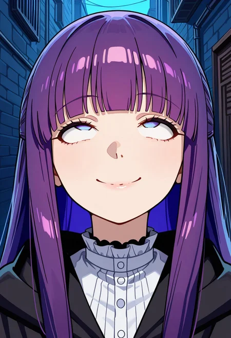masterpiece, best quality, highres,(rolling eyes:1.8),close mouth,smile,Alley,midnight,  1girl, solo, Fern (Sousou no Frieren),purple hair, long hair, bright pupils, blunt bangs, cross3d_3y3s, crossed_eyes, empty_eyes,  <lora:Crossed_eyes_-_Hypnosis_-_Illustrious:1.0>