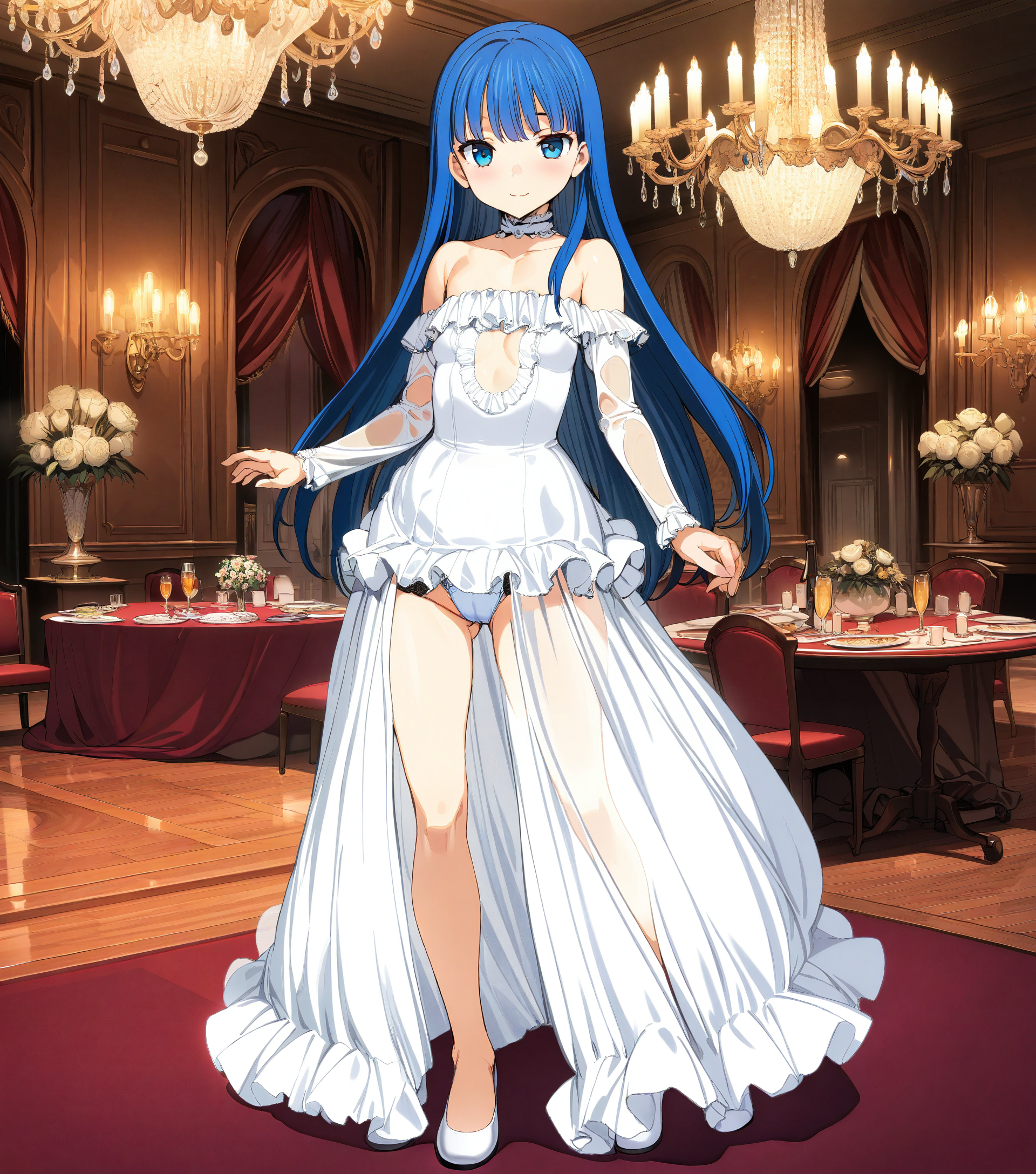 masterpiece,best quality,very aesthetic,absurdres,highres,<lora:Cool_Rance_PA:1>,1girl,full body,ballroom,lights,blue hair,long hair,straight hair,frills white dress,blue eyes,light blush,light smile,bare shoulders,collarbone,small breasts,see-through sleeves,see-through dress,frills panties,cameltoe,