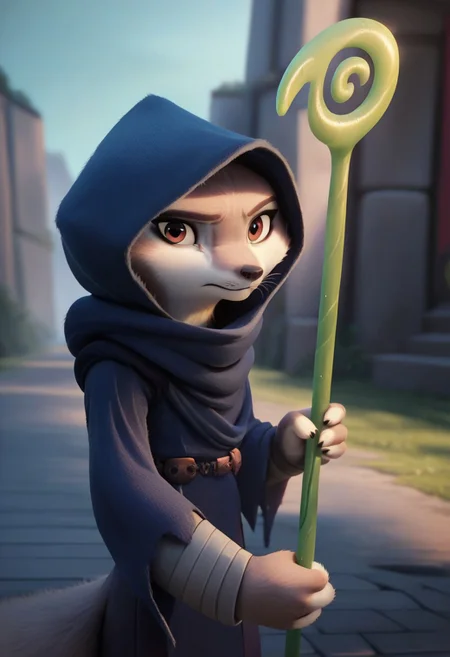 score_9, score_8_up, score_7_up, score_6_up, score_5_up, score_4_up, masterpiece, best quality, (zhenkfp), tail, looking at viewer, outdoors, staff, holding weapon, hooded, solo focus, half shot
