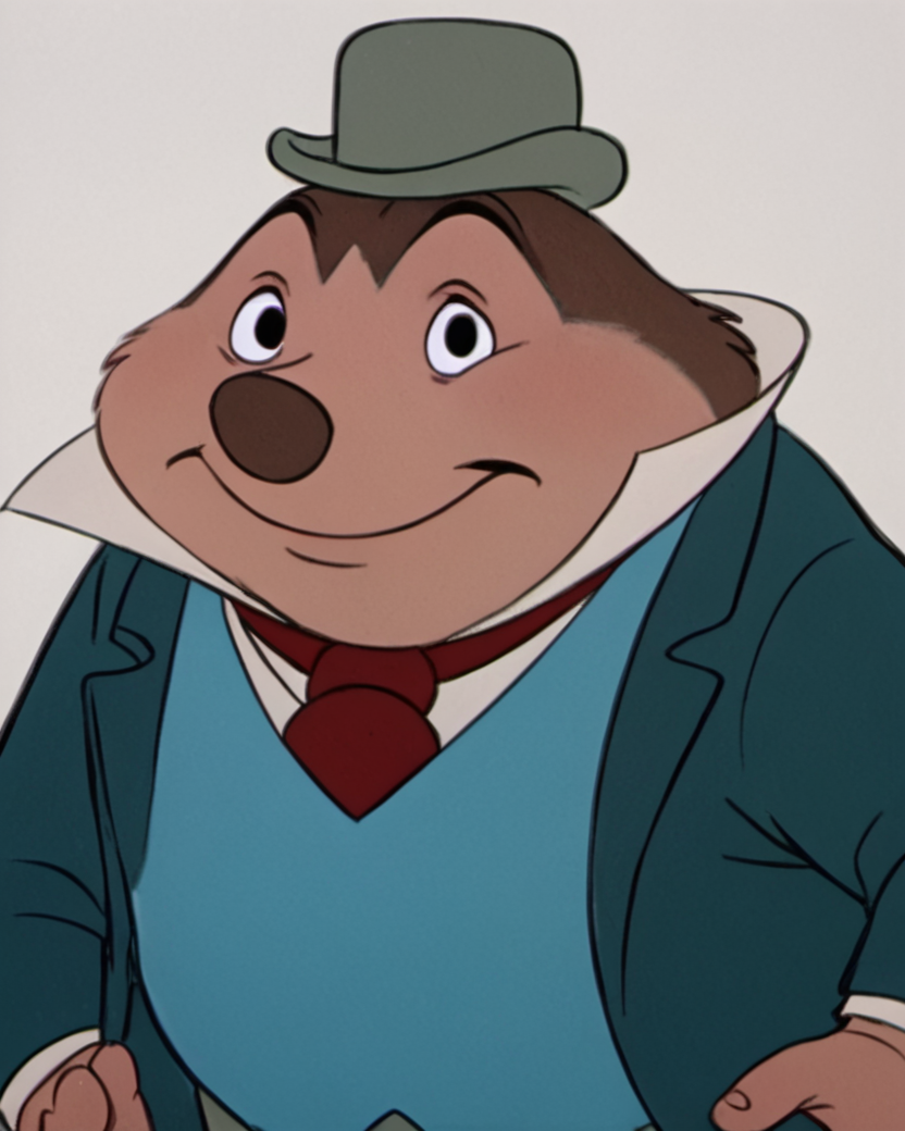 mrmole, jacket, furry male, fat, male focus, blue vest, 1boy, formal, solo, hat, red necktie, black eyes,, score_9, score_8_up, score_7_up, score_6_up, score_5_up, score_4_up, looking at viewer, hand on own hip, cowboy shot,upper body, smile, white background,  <lora:MrMolePony1.0:1>