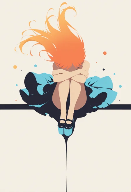 masterpiece, high_quality, highres, girl, face, looking at viewer, complementary_colors, dynamic_angle, minimalism, floating skirt, sitting, legs bent, arms on legs, head down, floating hair, platform shoes, high angle