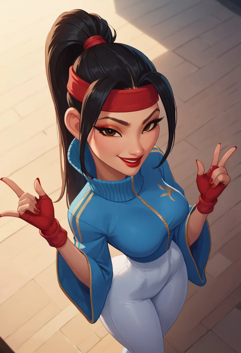 score_9, score_8_up, score_7_up, ultra quality, solo, 1girl, chang'e_tt, 1girl, asian, high ponytail (black hair, red headband), big eyelashes, brown eyes, makeup, red eyeshadow, red lipstick, red nails, red wristbands, blue track jacket (turtleneck, wide sleeves), light blue spandex, smug smile, big hips, big butt, bubble butt, breasts, narrow waist, curvy, score_9, score_8_up, score_7_up, score_6_up, looking at the viewer, standing, close up, view from above, screencap