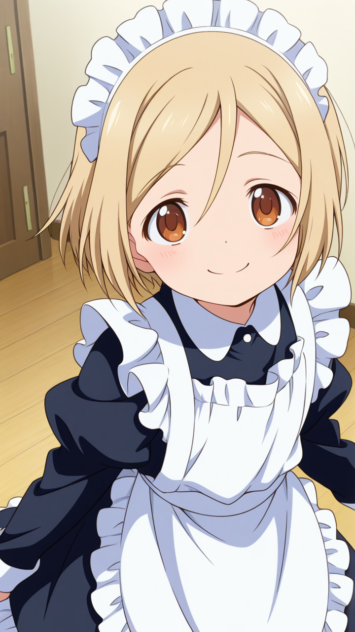 solo, smile, happy,, masterpiece, best quality, amazing quality, very aesthetic, absurdres, newest, anime screencap, <lora:takanoILM:1>, takano miyo, blonde hair, parted bangs, brown eyes, hair between eyes, aged_down, child, short hair,, maid, maid apron, frills, frilled dress, black dress, maid headdress, modern house,