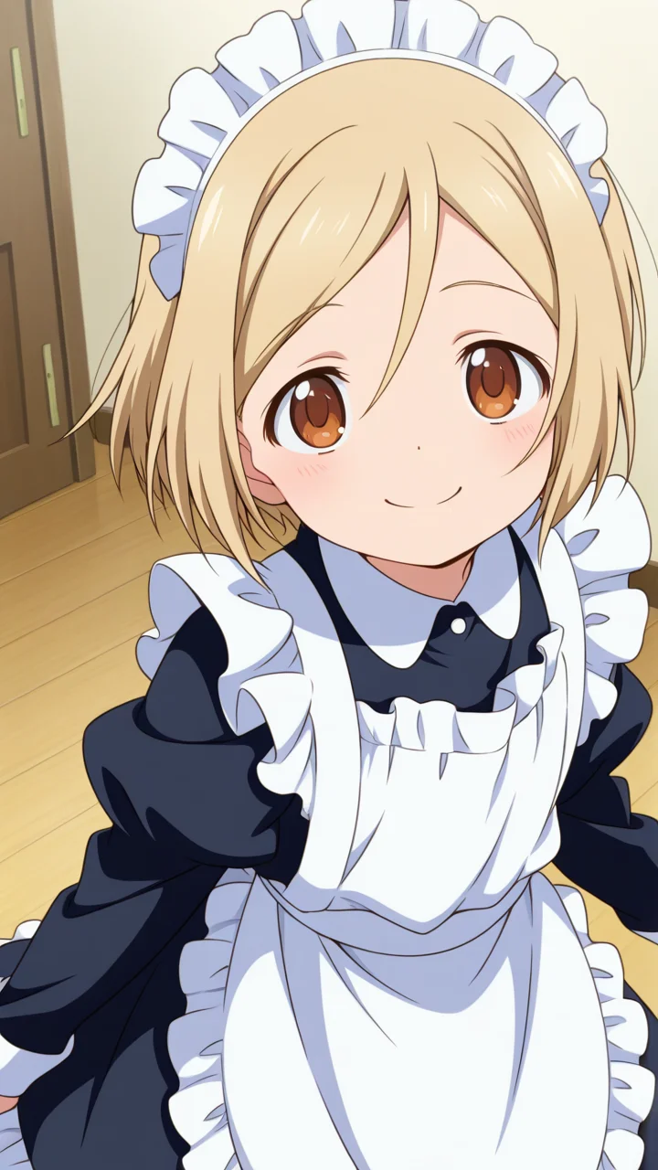 solo, smile, happy,, masterpiece, best quality, amazing quality, very aesthetic, absurdres, newest, anime screencap, <lora:takanoILM:1>, takano miyo, blonde hair, parted bangs, brown eyes, hair between eyes, aged_down, child, short hair,, maid, maid apron, frills, frilled dress, black dress, maid headdress, modern house,