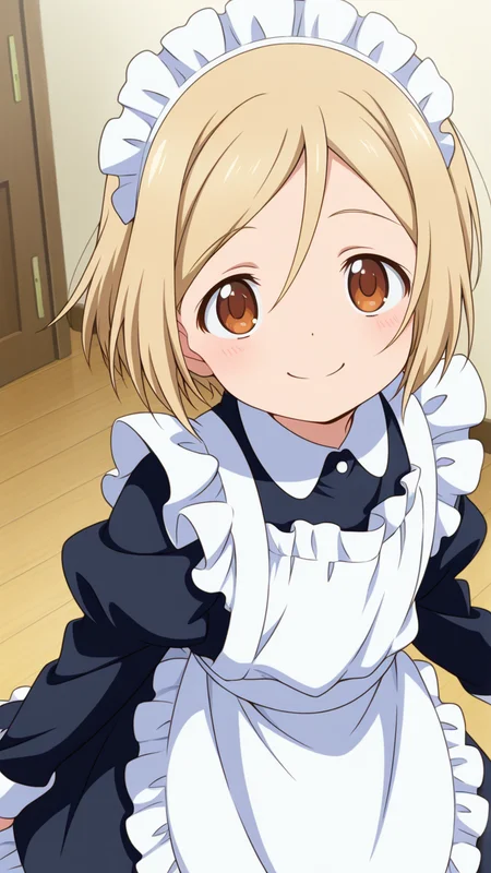 solo, smile, happy,, masterpiece, best quality, amazing quality, very aesthetic, absurdres, newest, anime screencap, <lora:takanoILM:1>, takano miyo, blonde hair, parted bangs, brown eyes, hair between eyes, aged_down, child, short hair,, maid, maid apron, frills, frilled dress, black dress, maid headdress, modern house,