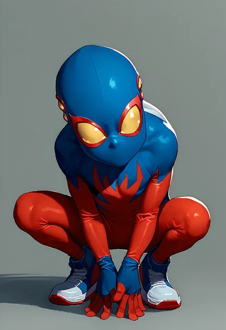 score_9, score_8_up, score_7_up,1boy, solo, cute boy, Spider-Boy Costume, Sneakers, mask, crouching,
