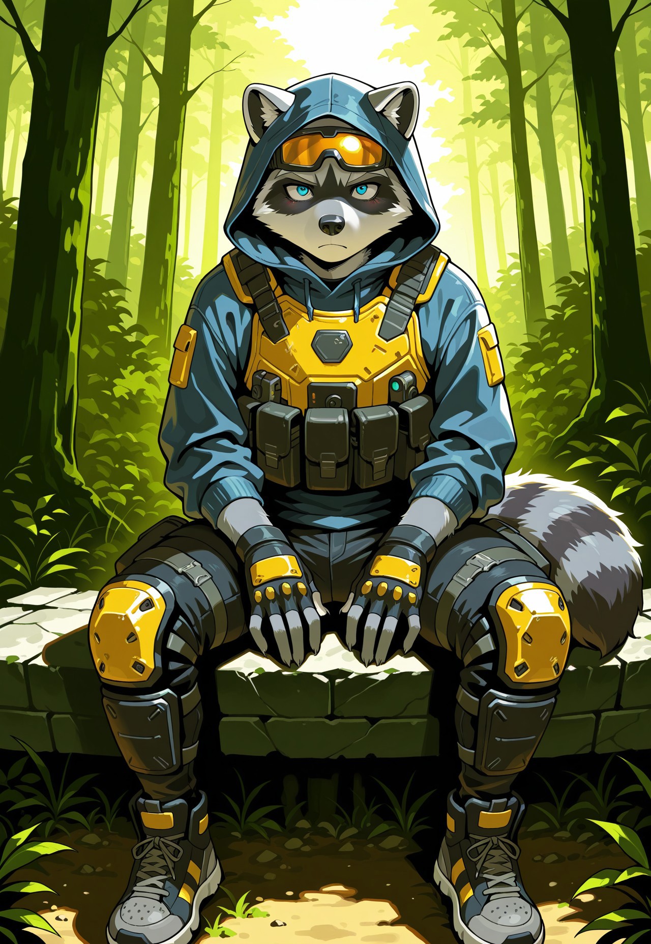 masterpiece,best quality, amazing quality,1boy, solo, Gray raccoon, Furry gray raccoon, fluffy tail, 5 fingers,  raccoon Blue eyes, black nose,  sneakers, black jeans, blue hoodie, tactical black body armor, yellow ski goggles on eyes under hood, hood, fingerless gloves, knee pads and shin guards, stalker and Titanfall style suit.  sitting on the threshold, against the background of the forest, fingers visible , 5 fingers. against the background of a forest with ruins of buildings  