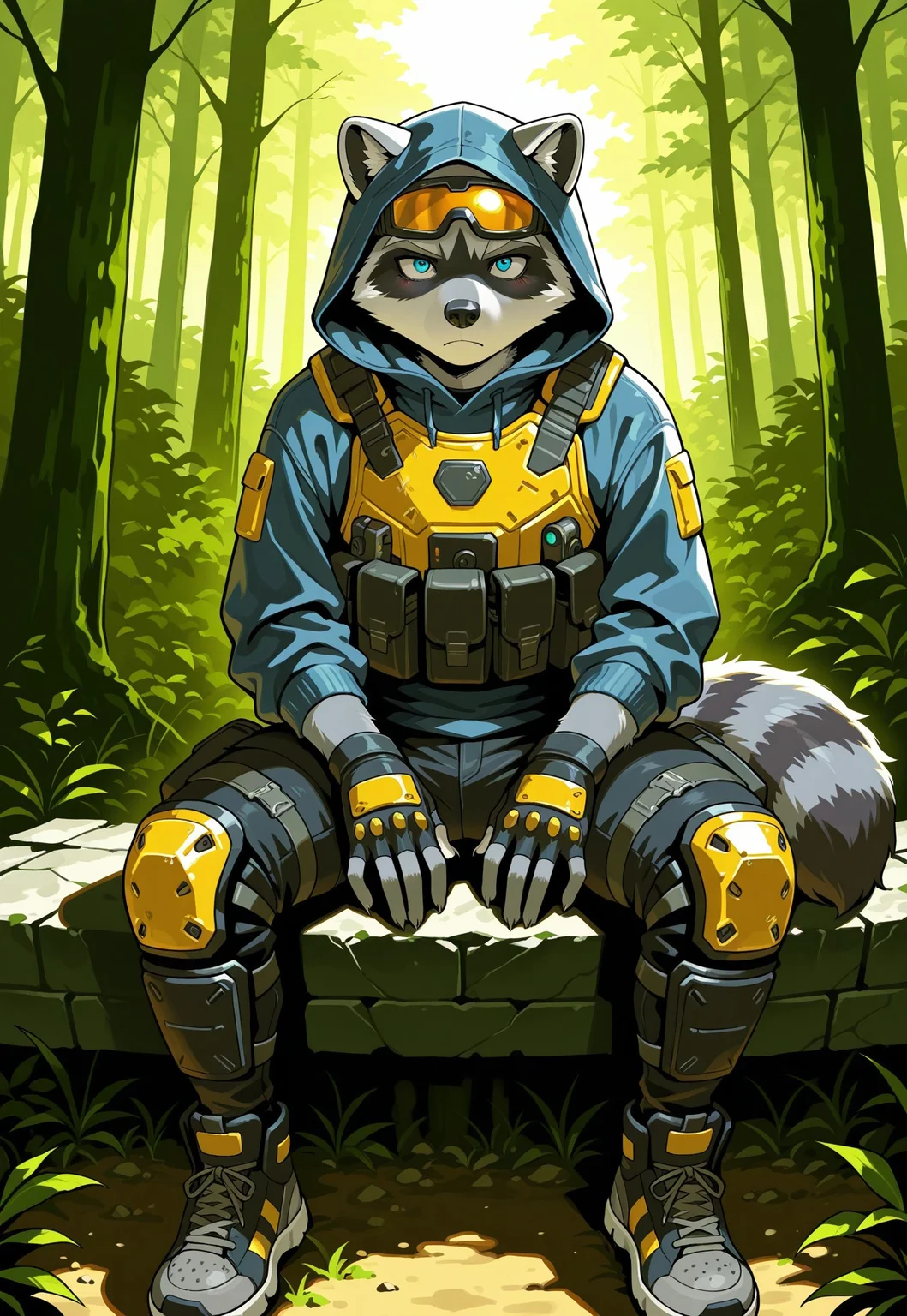 masterpiece,best quality, amazing quality,1boy, solo, Gray raccoon, Furry gray raccoon, fluffy tail, 5 fingers, raccoon Blue eyes, black nose, sneakers, black jeans, blue hoodie, tactical black body armor, yellow ski goggles on eyes under hood, hood, fingerless gloves, knee pads and shin guards, stalker and Titanfall style suit. sitting on the threshold, against the background of the forest, fingers visible , 5 fingers. against the background of a forest with ruins of buildings