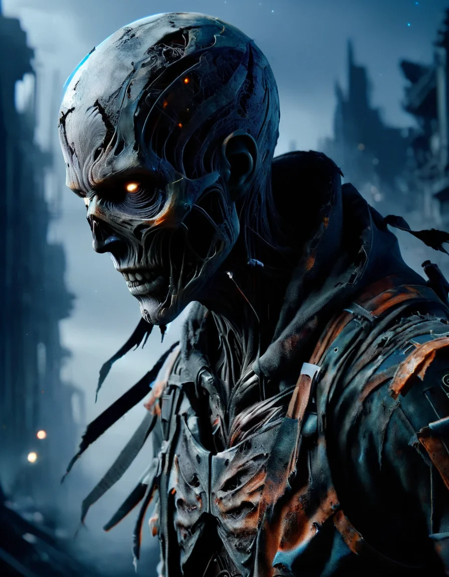 portrait, solo, (full body:0.6), looking up, detailed background, detailed face, warp, scifi, excessive energy, ulblackholetech theme:1.1), dark shadow-assassin, hidden truth, corruptor outfit, hood, colorful armour, ral-cnvctncrnts belt, dark ral-cnvctncrnts intent, creeping shadows, dynamic pose, specters in background, starry night sky, wind blowing, eerie calm, ominous atmosphere, made out of ral-zmbyz <lora:ral-zmbyz:1>