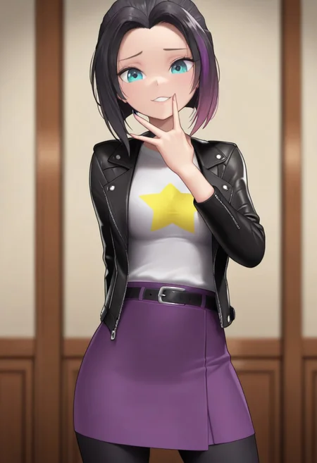 masterpiece, good quality, best quality, dynamic view, original style, screencap,
Zoe, blue eyes, black hair, purple tips, black leather jacket, white shirt, star shirt, purple skirt, black leggings, medium breast,
(solo, seducing, sexy pose, dynamic pose, looking at viewer, cowboy shot)