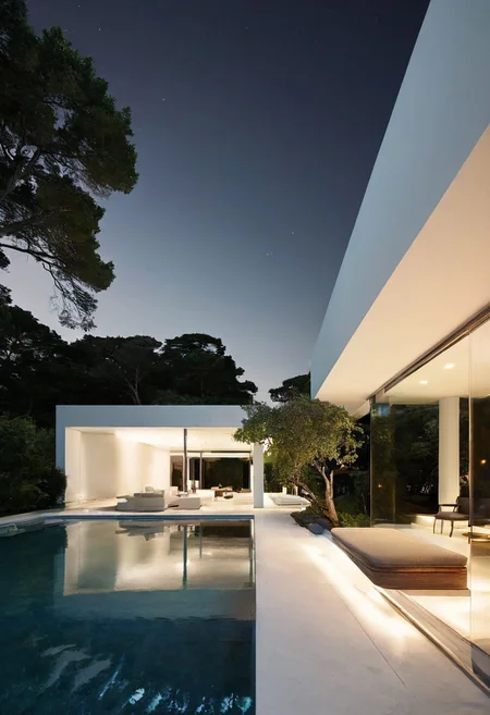 A modern two-story house with an outdoor pool, surrounded by trees and greenery by the ocean, dark gradient sky, . The white exterior walls complement the natural surroundings. Inside is a luxurious interior design with sleek lines and minimalist furniture, diffused light, striking details, A large window overlooking nature creates a sense of tranquility in the living spaces. At night, the lights from inside create a warm ambiance outside. Modern architectural concept, 3D rendering, architectural renderings, high resolution.