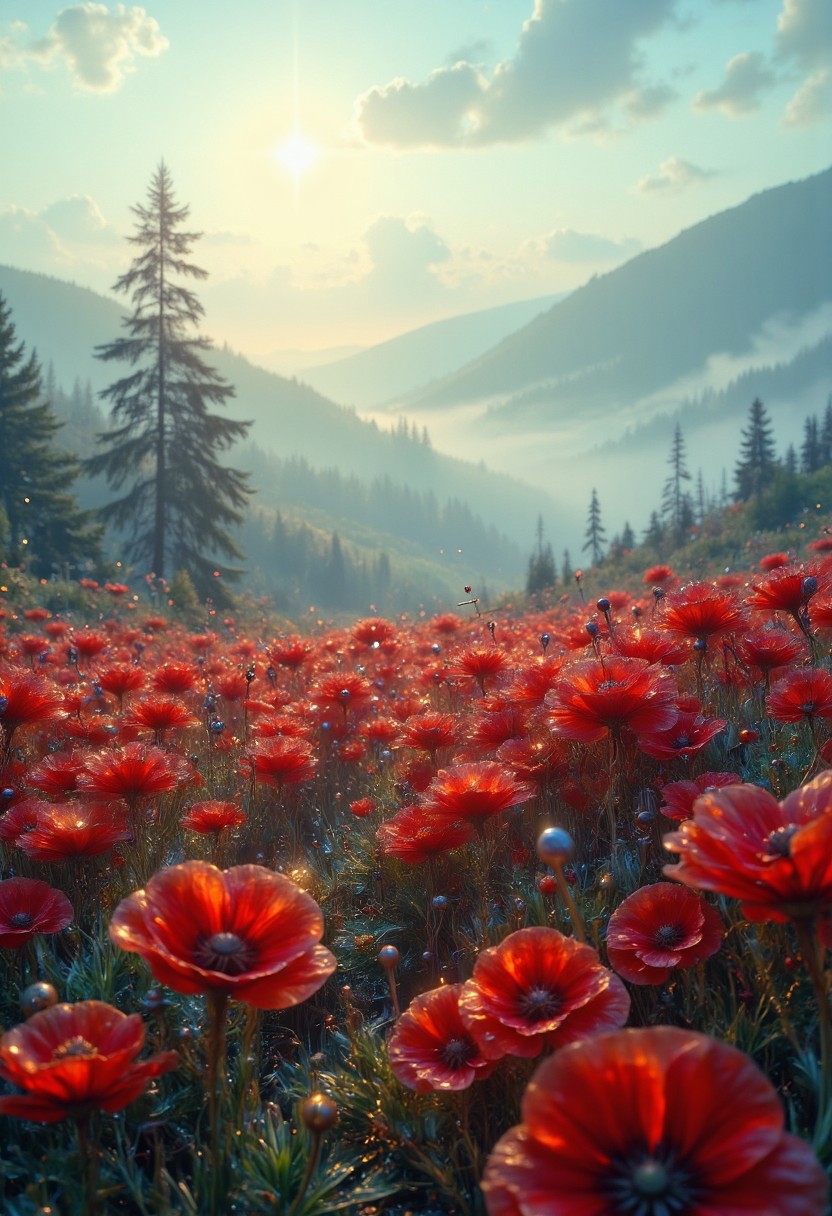 A melancholic foggy morning in a vast field of red poppies, with mist blanketing the landscape. The scene is a wide-angle landscape shot, featuring distant rolling hills and faint silhouettes of trees emerging from the fog. The mood is somber and reflective, with muted, soft lighting as the fog diffuses the morning light. The red poppies create a striking contrast against the subdued, misty background. Photorealistic, cinematic composition, natural lighting, 16K resolution.