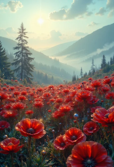 A melancholic foggy morning in a vast field of red poppies, with mist blanketing the landscape. The scene is a wide-angle landscape shot, featuring distant rolling hills and faint silhouettes of trees emerging from the fog. The mood is somber and reflective, with muted, soft lighting as the fog diffuses the morning light. The red poppies create a striking contrast against the subdued, misty background. Photorealistic, cinematic composition, natural lighting, 16K resolution.