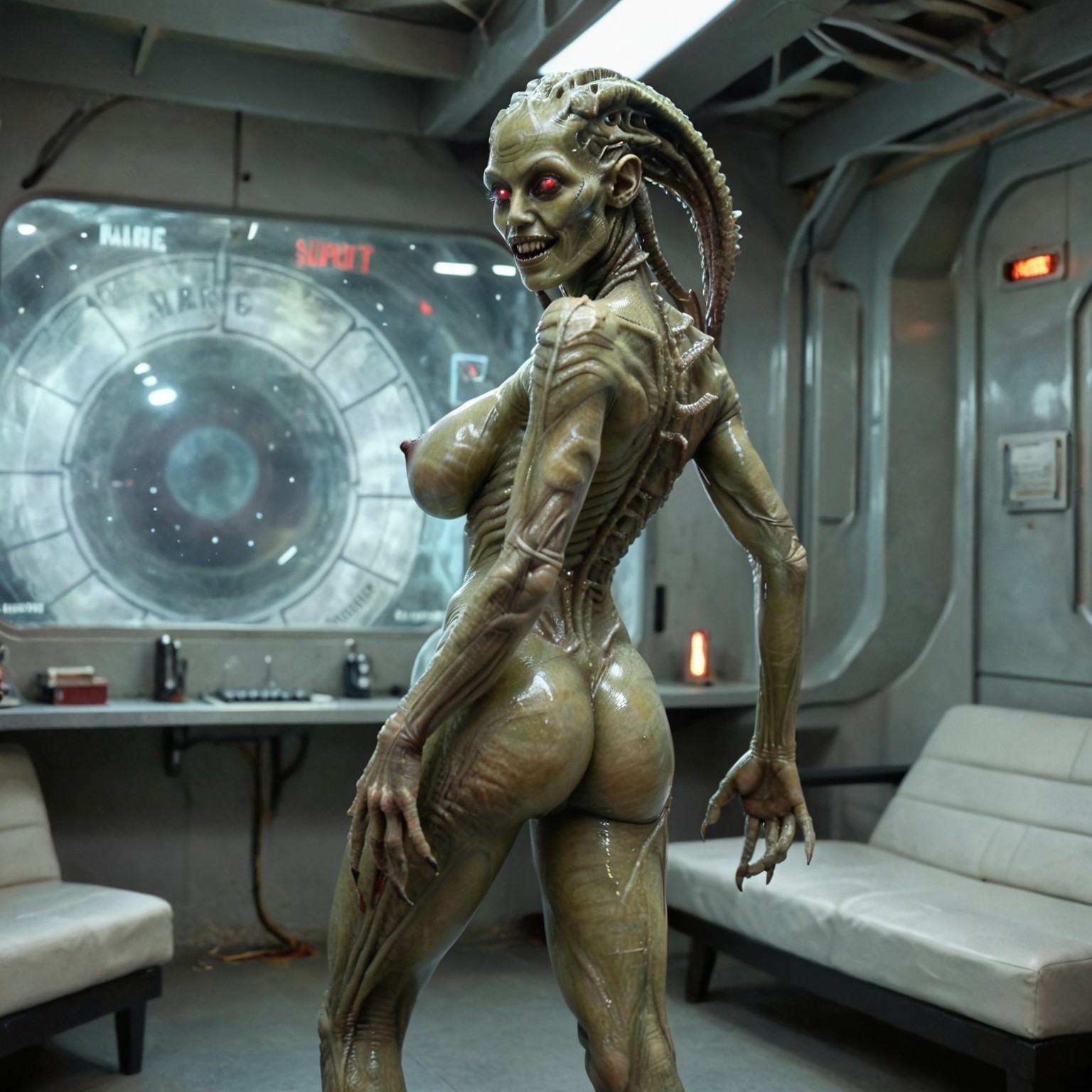safe_pos, Movie still, horror movie , cinematic horror, big budget horror film, facing the viewer, SIL walk toward viewer, smiling, , nude, translucent flesh,  the subject is a humanoid female alien figure with a strikingly muscular and voluptuous physique.  sil xenomorph score_9 score_8_up score_7_up score_6_up score_5_up score_4_up 1girl solo massive breasts, alluring, breasts ass nipples alien colored skin long legs, monster girl red eyes, detailed interior spaceship background, nipples, hands extended towards viewers