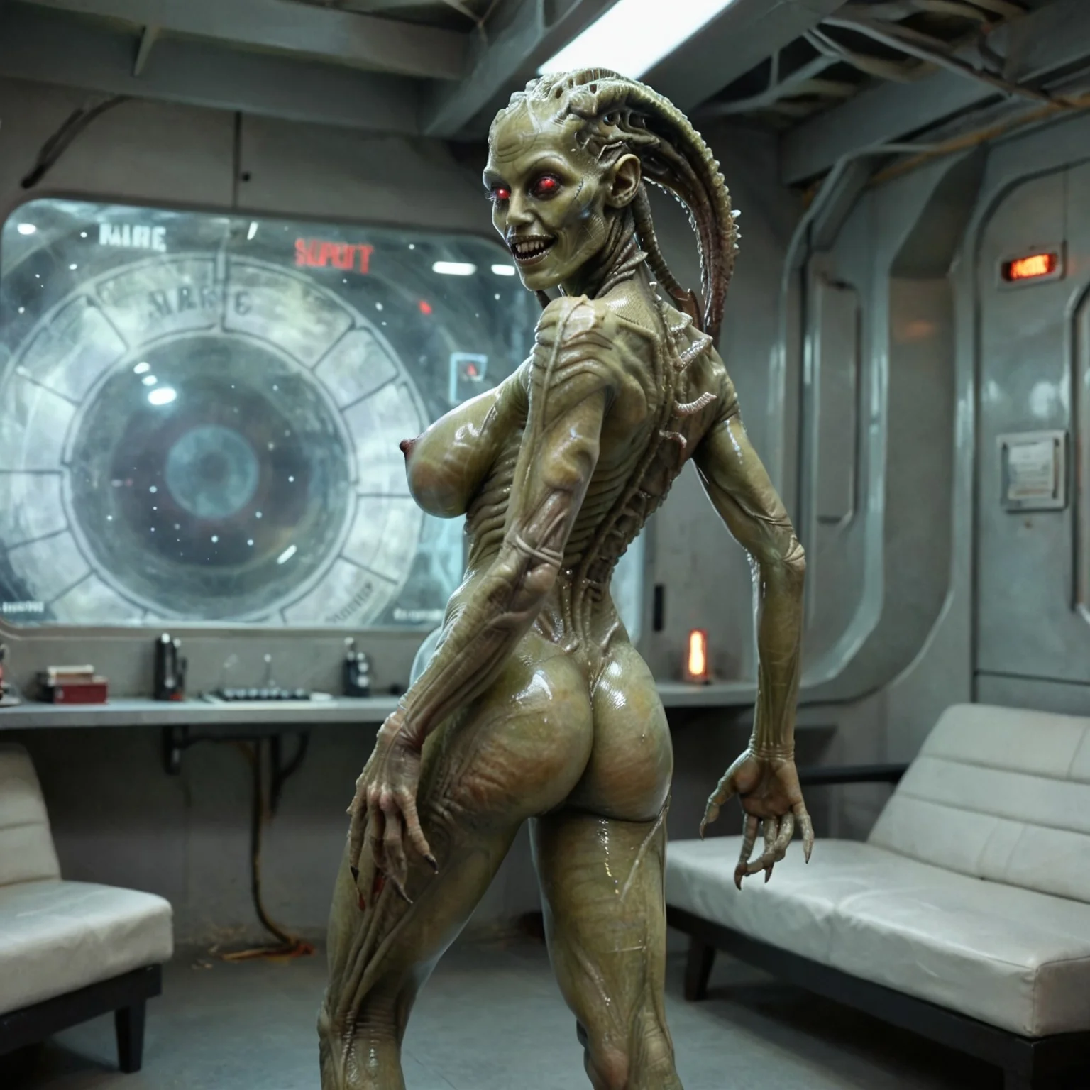 safe_pos, Movie still, horror movie , cinematic horror, big budget horror film, facing the viewer, SIL walk toward viewer, smiling, , nude, translucent flesh,  the subject is a humanoid female alien figure with a strikingly muscular and voluptuous physique.  sil xenomorph score_9 score_8_up score_7_up score_6_up score_5_up score_4_up 1girl solo massive breasts, alluring, breasts ass nipples alien colored skin long legs, monster girl red eyes, detailed interior spaceship background, nipples, hands extended towards viewers