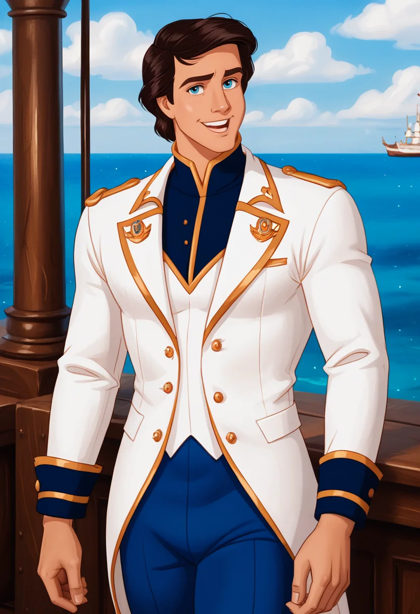 Prince_Eric_LTM, handsome young man, solo, royal attire, white jacket, dark blue pants, wedding attire, standing on a wedding altair, turning hand, towards viewer, loving smile, real skin, real hair, very detailed, fantasy, on a white ship, in the sea.,
<lora:last:1>, <lora:add-detail-xl:1>