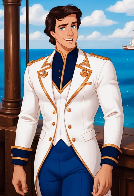 Prince_Eric_LTM, handsome young man, solo, royal attire, white jacket, dark blue pants, wedding attire, standing on a wedding altair, turning hand, towards viewer, loving smile, real skin, real hair, very detailed, fantasy, on a white ship, in the sea.,
<lora:last:1>, <lora:add-detail-xl:1>