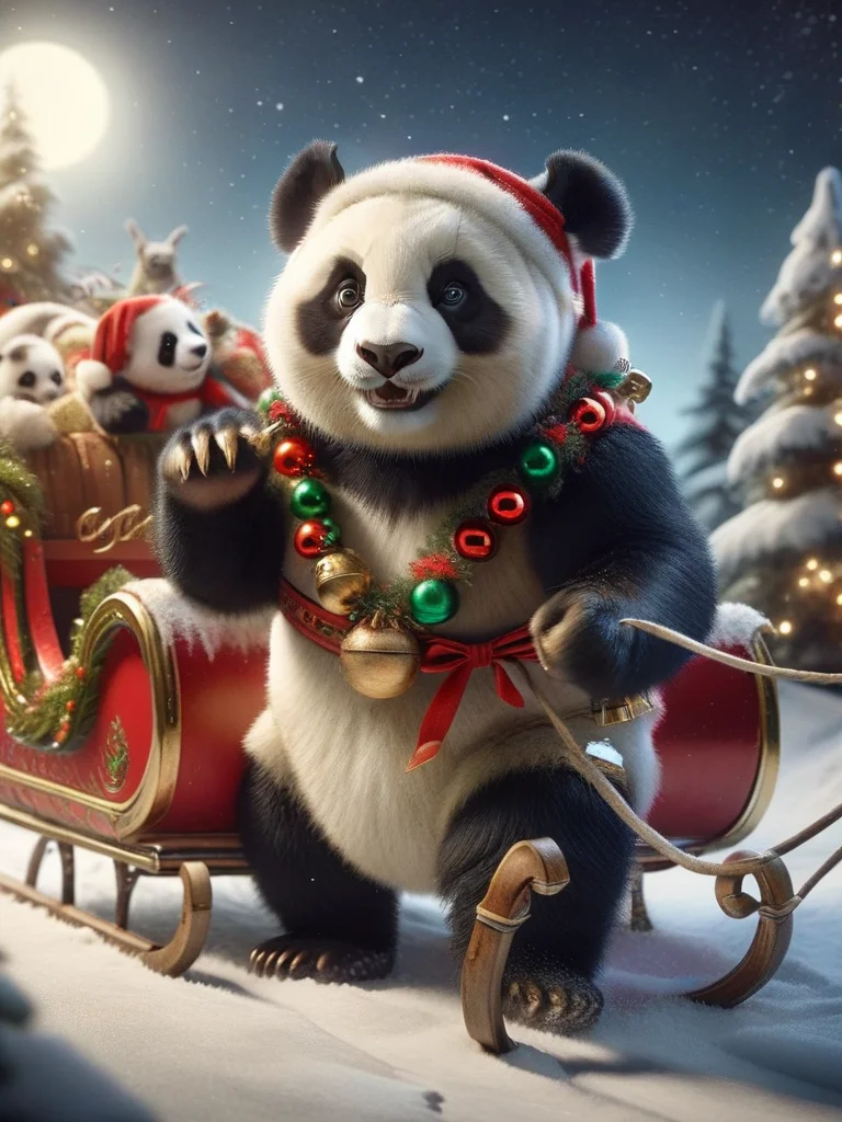 ral-santasleigh, a photorealistic panda decorated is pulling Santas sleigh <lora:ral-santasleigh-sdxl:1>