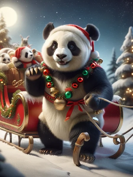ral-santasleigh, a photorealistic panda decorated is pulling Santas sleigh <lora:ral-santasleigh-sdxl:1>