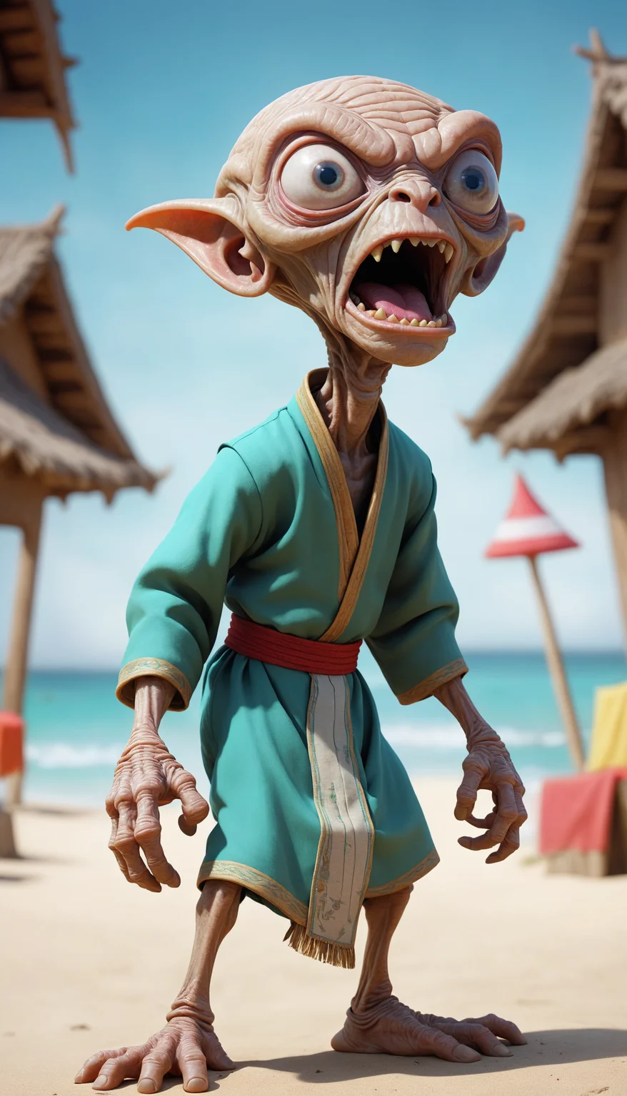 A auburn (skinned wrinkly alien being wearing traditional clothing:1.3) on vacation enjoying the local party scene at morning in in a another dimension, Yelling upset angry , Digital Art Illustration Adobe Photoshop Eddy Verloes