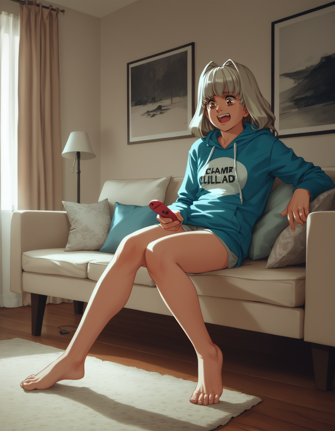 score_9,  score_8_up, score_7_up
<lora:charlone-growlanser-ponyxl-000020:1> charlone claudius, hoodie,
1girl, solo, messy room, living room, sofa, sitting, remote control, excited