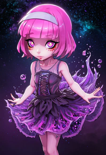 chibi, anime chibi Drawing art Style, high detail, (Howard Phillips Lovecraft story, cosmic monster, insanity, darkness eyes), water, fantasy, magic, naked, 1 chibi girl, purple eyes, pink hair, dress, directly looking at viewer, (fluorite and dark golden + blue purple neon : smooth, , lively coral reef background HD, 35mm photograph, 8k), masterpiece, natural light, high detail.