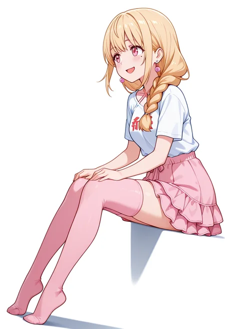masterpiece,high quality details, absurdres,
<lora:Yuriko:0.8>
yuriko_cnr, 1girl, blonde hair, long hair, single braid, pink eyes, mole, mole under eye,earrings,, simple background, white background, dutch angle,solo,, crazy smile,flustered,, 0w0,, sitting sideways,hands on thighs,standing on tiptoes,, t-shirt ,criss-cross halter,ruffled skirt, ,var-legwear,