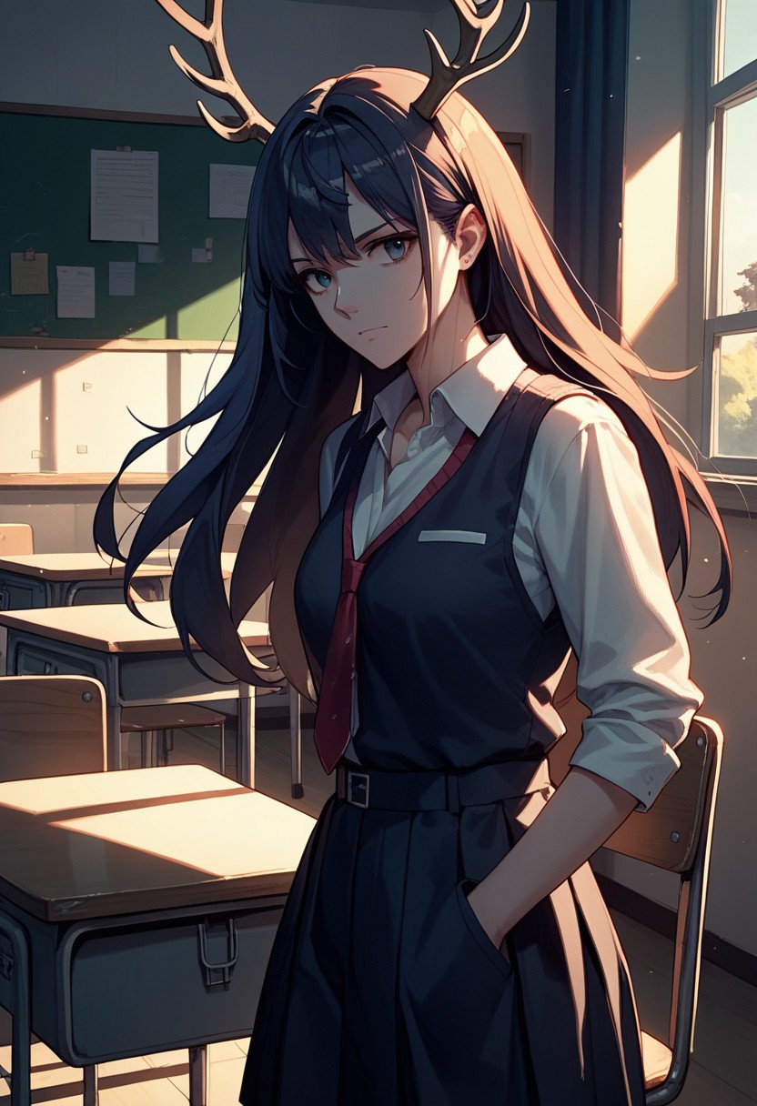 score_9,score_8_up,score_7_up,source_anime, Naden Delal,1girl,solo,student unifrom, student, class room, antlers
