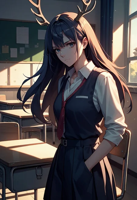 score_9,score_8_up,score_7_up,source_anime, Naden Delal,1girl,solo,student unifrom, student, class room, antlers