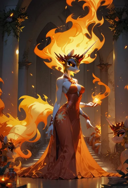 score_9, score_8_up, score_7_up, score_6_up, erotic group, 1girl, Daybreaker \(mlp\), (anthro pony:1.1), sexy regal dress, sexually aroused, bedroom room, tail, big perky breasts, fire, fire aura