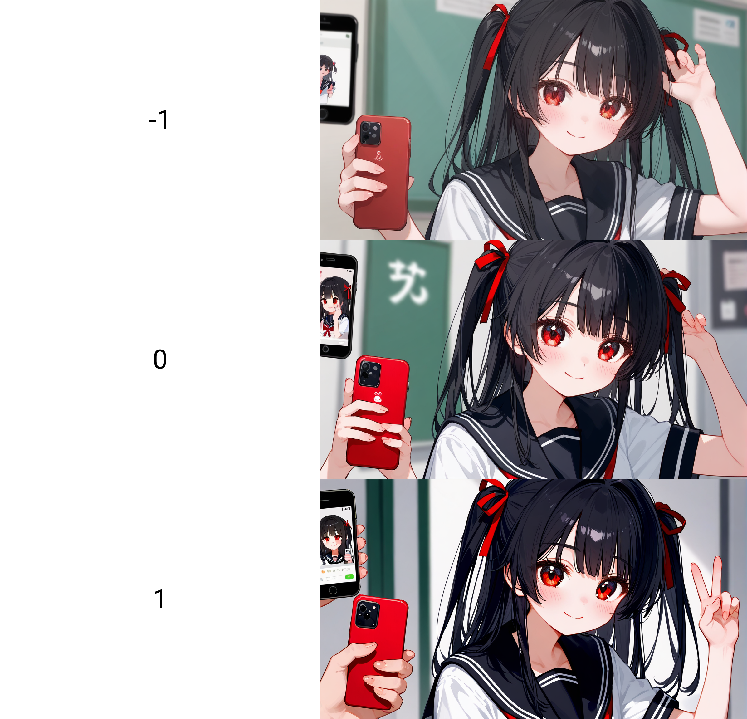 1girl, 
rating safe, solo, solo focus, sailor collar, blush, holding phone, short sleeves, holding, red ribbon, ribbon, upper body, phone, black sailor collar, smile, serafuku, long hair, closed mouth, shirt, cellphone, red eyes, school uniform, hair ribbon, white shirt, black hair, two side up
 <lora:pony-contrast+saturation_adjust-mki:-1>