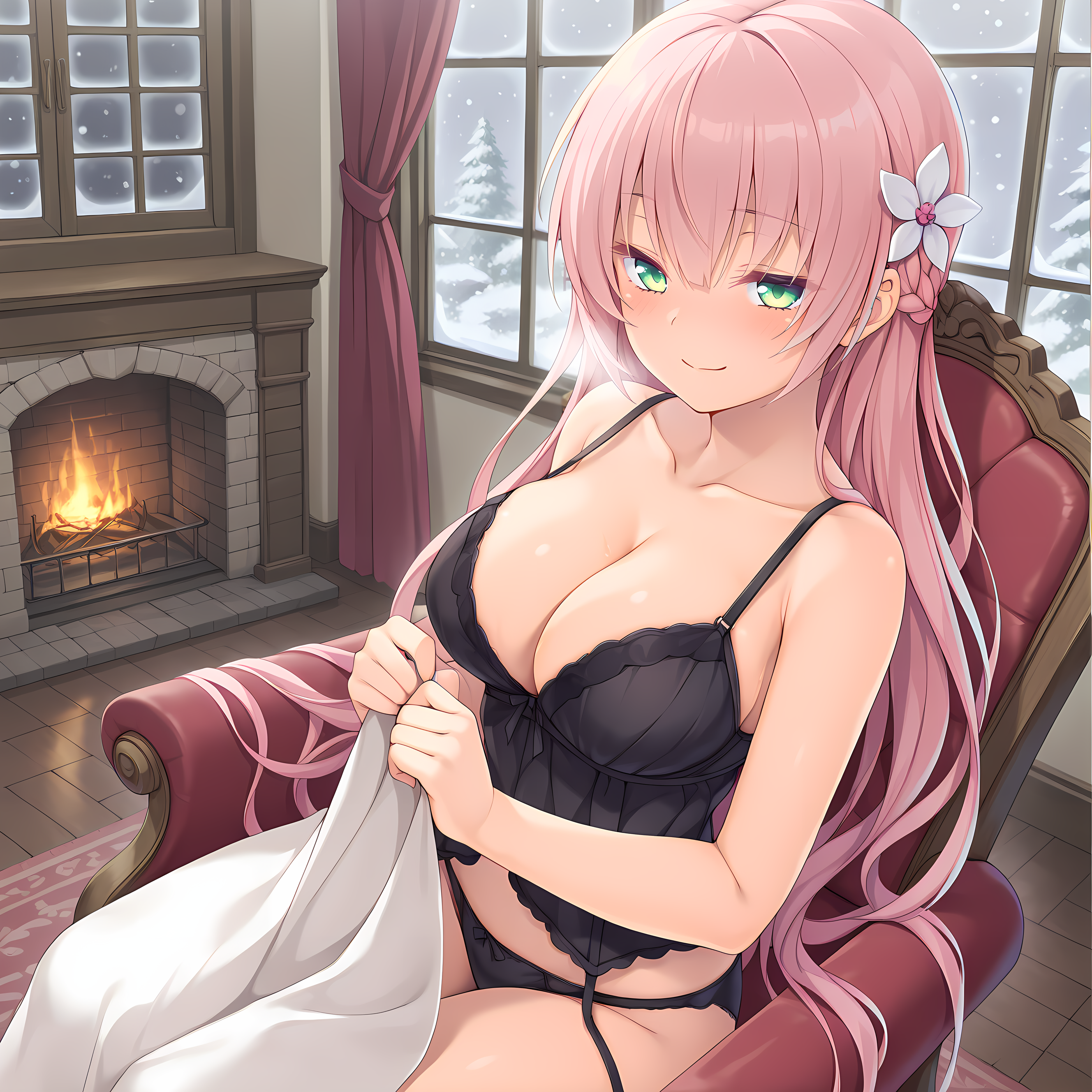 <lora:Terese_Elminaãã¬ãµã¨ã«ããã¢_-_Escude_-_Hime_to_Aiyoku_no_Sacrifice:0.8>,solo,terese,pink hair,long hair,braid,green eyes,hair between eyes,bangs,hair flower,large breasts,lingerie,indoors,living room,winter,snowing,window,curtains,fireplace,on chair,armchair,rocking chair,sitting,looking at viewer,seductive smile,covering with blanket,cleavage,underwear only,, masterpiece,best quality,amazing quality, very aesthetic, absurdres,detailed eyes,ultra-detailed,