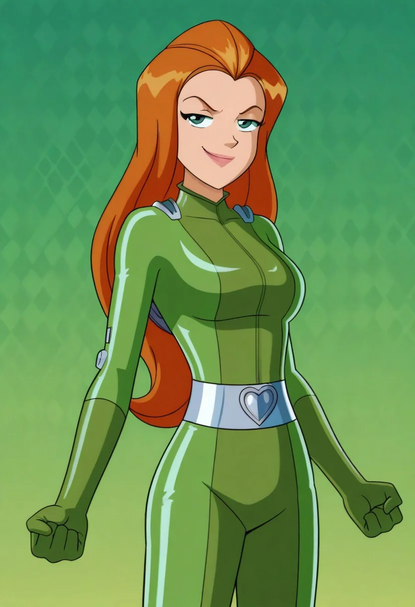 masterpiece, best quality, good quality, 1girl, solo, parody, official style, sam_totally_spies, long hair, orange hair, green eyes, green bodysuit, sexy, large breasts, beautiful, detailed, high detailed, very beautiful, detailed face, detailed eyes, detailed hand, abstract background, smug, smirk, pose, standing, (fighting stance), dutch angle