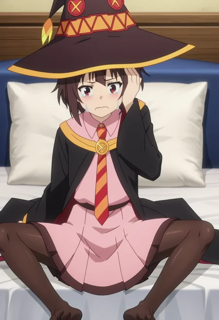 score_9, score_8_up, score_7_up, source_anime,
BREAK
1girl, solo, anime screencap, anime coloring,
<lora:shiMeguminV1:1.0>,
shimeguschool, academyuniform, short hair, brown hair, long sleeves, red eyes, pink dress, pleated skirt, black cape, witch hat,
diagonal-striped necktie,
looking at viewer, tears, crying with eyes open, frown, wavy mouth, spread legs, sitting, lying, soles, pantyhose,
covering head, hand on own head,
indoors, bed,