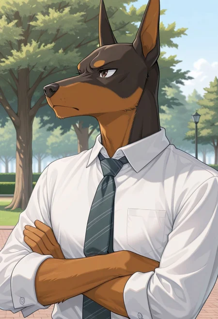 score_9, score_8_up, score_7_up, score_6_up, score_5_up, score_4_up, male, 2d, flat_colors, upper_body, portrait, male, furry, furry, doberman, white dress shirt, tie, ((serious)), brown_eyes, happy, park, trees, arms crossed, solo, detailed_fur, body_fur, B2B style, Bad2Bad style, masterpiece, best quality, amazing quality, very aesthetic, high resolution, ultra-detailed, absurdres, newest, scenery
