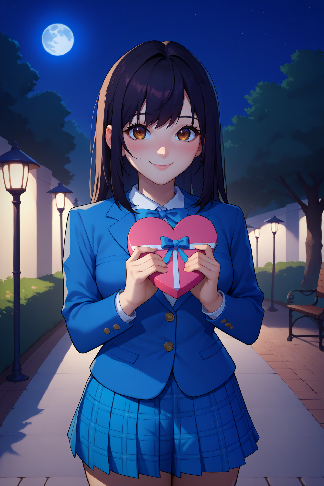 score_9, score_8_up, score_7_up, score_6_up, source_anime, 1girl, solo, <lora:himeragiyukina-pdxl-nvwls-v1-000005:1> himeragistb, black hair, long hair, brown eyes, breasts, blue blazer, blue skirt, pleated skirt, plaid skirt, holding heart-shaped box, looking at you, smile, blush, park, night, moon