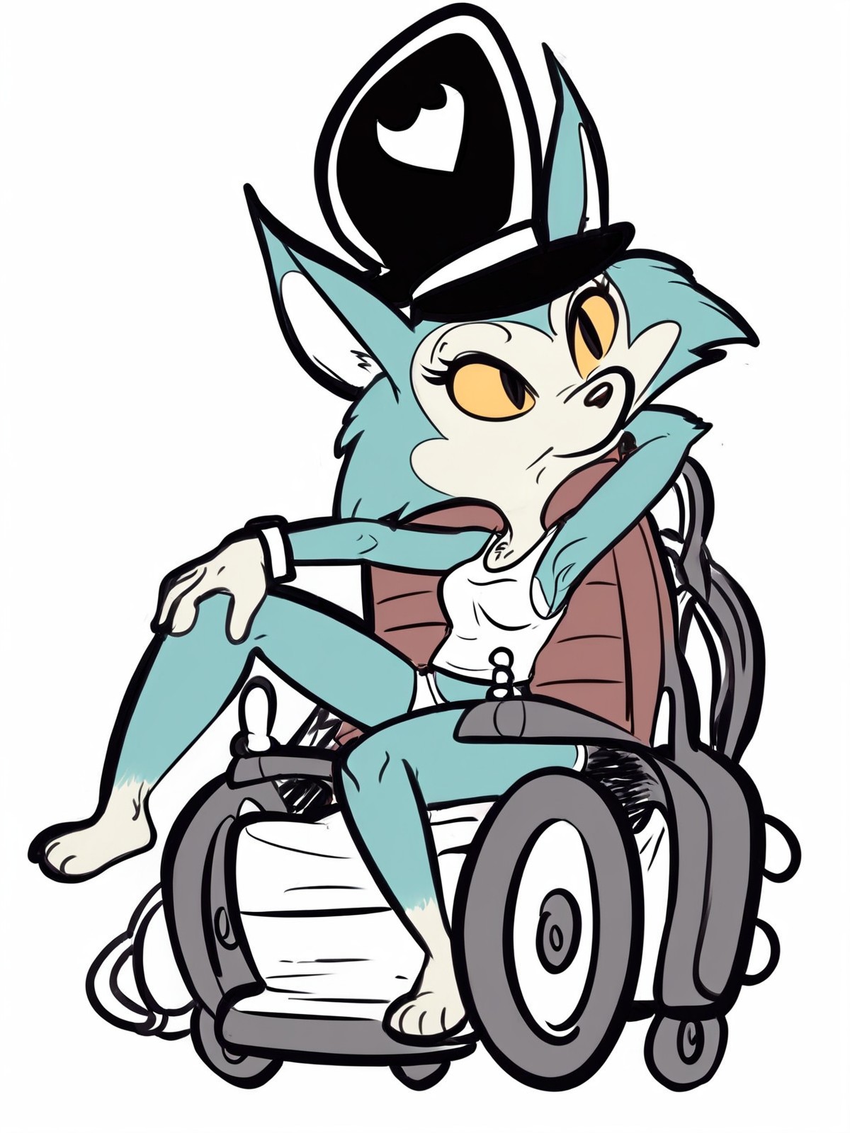 score_9,score_8,score_7,source_furry,
<solo:2.5>,
<1girl:1.5>,
fox,fox girl, blue fur, blue skin, tail, fox ears, fox tail, carmen_patrol_03,
carmen_patrol_03, carmen_fox, fox, fox girl, fanart, solo, hat, wheelchair, white background, sitting, simple background, furry, barefoot, colored sclera, chair, yellow sclera, animal ears, shirt, full body, female focus,cuffs,
( art by hekiga (freelot) ) ,,
 <lora:Carmen_Fox_Patrol_03:1.2> carmen_patrol_03