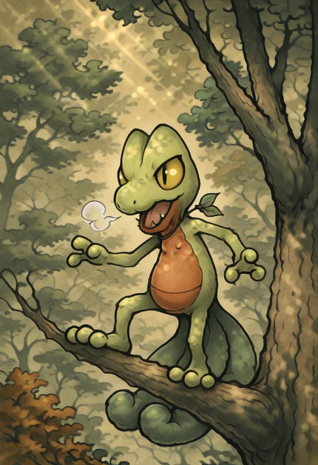 masterpiece, best quality,     y0k4i, <lora:YokaiPokedex_IXL:1.0>,    zzTreecko, forest, climbing tree, dynamic pose, backlighting, warm sunlight, mossy bark, intense gaze â Treecko clings to the rough bark of an ancient tree, backlit by golden rays piercing the canopy. It crouches low, tail coiled for balance, eyes sharp as it scans the underbrush. Dust motes drift in the dappled light, the entire forest holding its breath before the next sudden leap. , ,<lora:TreeckoPokedex_IXL:1.0>,