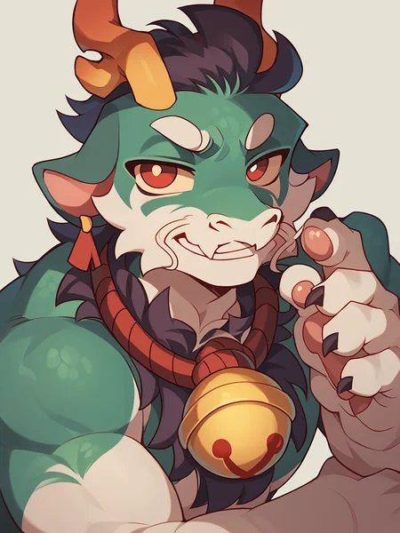 score_9, score_8_up, score_7_up, high quality, hires, male, solo, anthro, furry, buff body, smug, seductive, antlers, red eyes, bell, looking at viewer, claws, <lora:Greene:1>