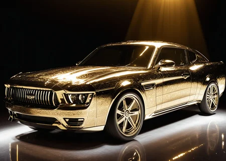masterpiece, best quality, amazing quality, very aesthetic, high resolution, ultra-detailed, absurdres, newest, volumetric lighting, scenery,
general, engraved, engraving,
gold car, ford mustang,
reflective floor,
realistic, photorealistic, metalic, shadow, chiaroscuro,
volumetric lighting, <lora:engraved v2:1.4>