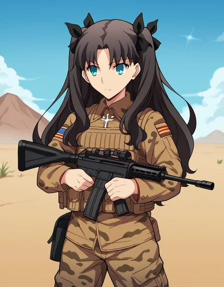 score_9, score_8_up, score_7_up, source_anime, rintohsaka, <lora:rin-tohsaka-ubw-ponyxl-lora-nochekaiser:1>, rin tohsaka, aqua eyes, black hair, hair ribbon, long hair, ribbon, sidelocks, two side up, parted bangs,, <lora:military-combat-uniform-ponyxl-lora-nochekaiser:1> military combat uniform, camouflage jacket, camouflage, load bearing best, camouflage pants, soldier, bulletproof vest, combat helmet, assault rifle, rifle,, desert, sun, blue sky,, cowboy shot,