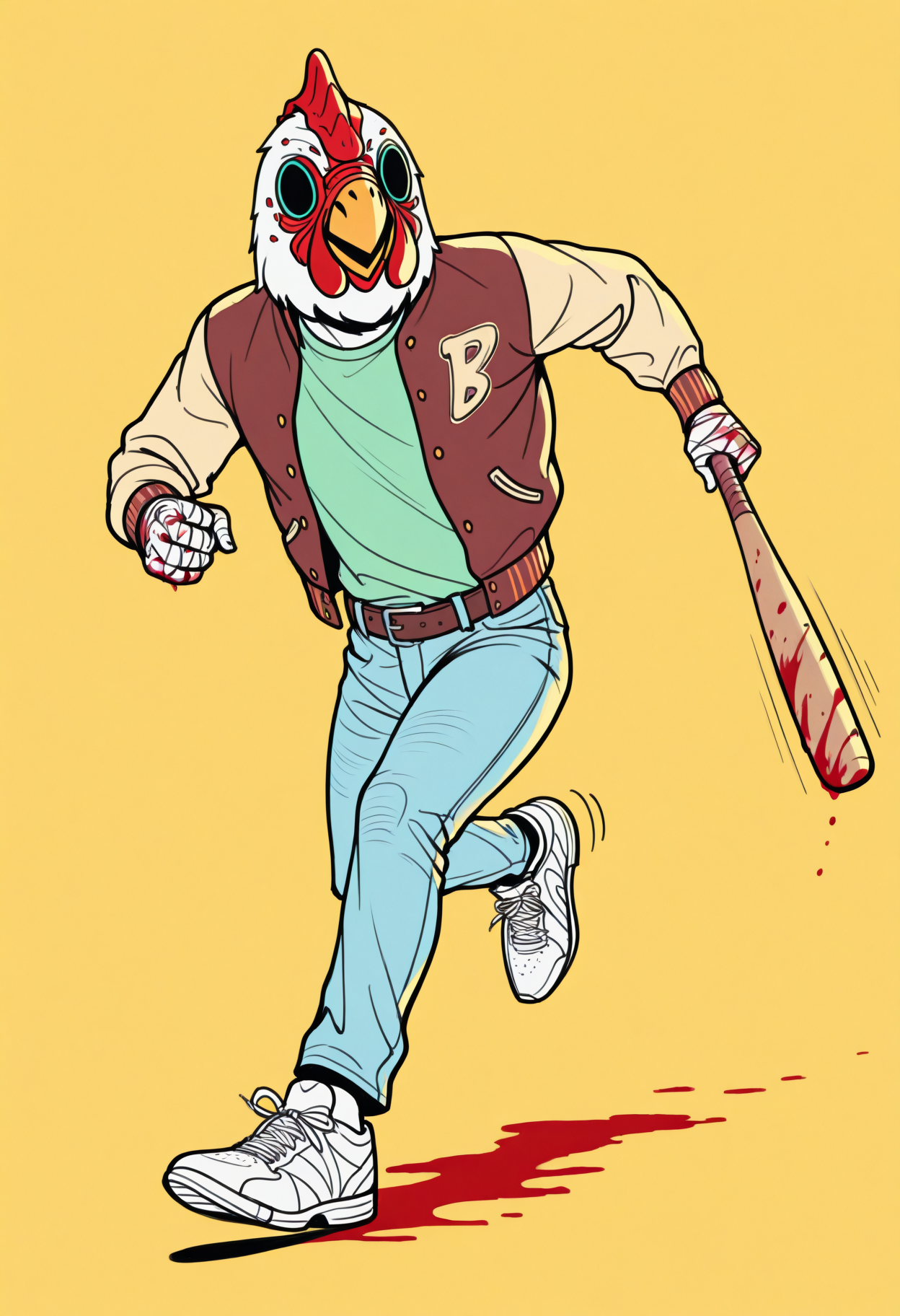 masterpiece, best quality, 1boy, solo, JacketHotlineMiami, mask, letterman jacket, green shirt, belt, jeans, open jacket, white sneakers, full body, sketch, lineart, motion lines, running, looking to the side, holding baseball bat, blood on baseball bat, bandaged hand, simple background, yellow background, limited palette, <lora:ChamJacketHMIllustriousXL:1>