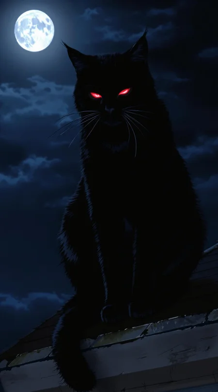"In the moonlit night, a large black cat is sitting on the roof, and from its eyes, red light is coming out, which looks very frightening."