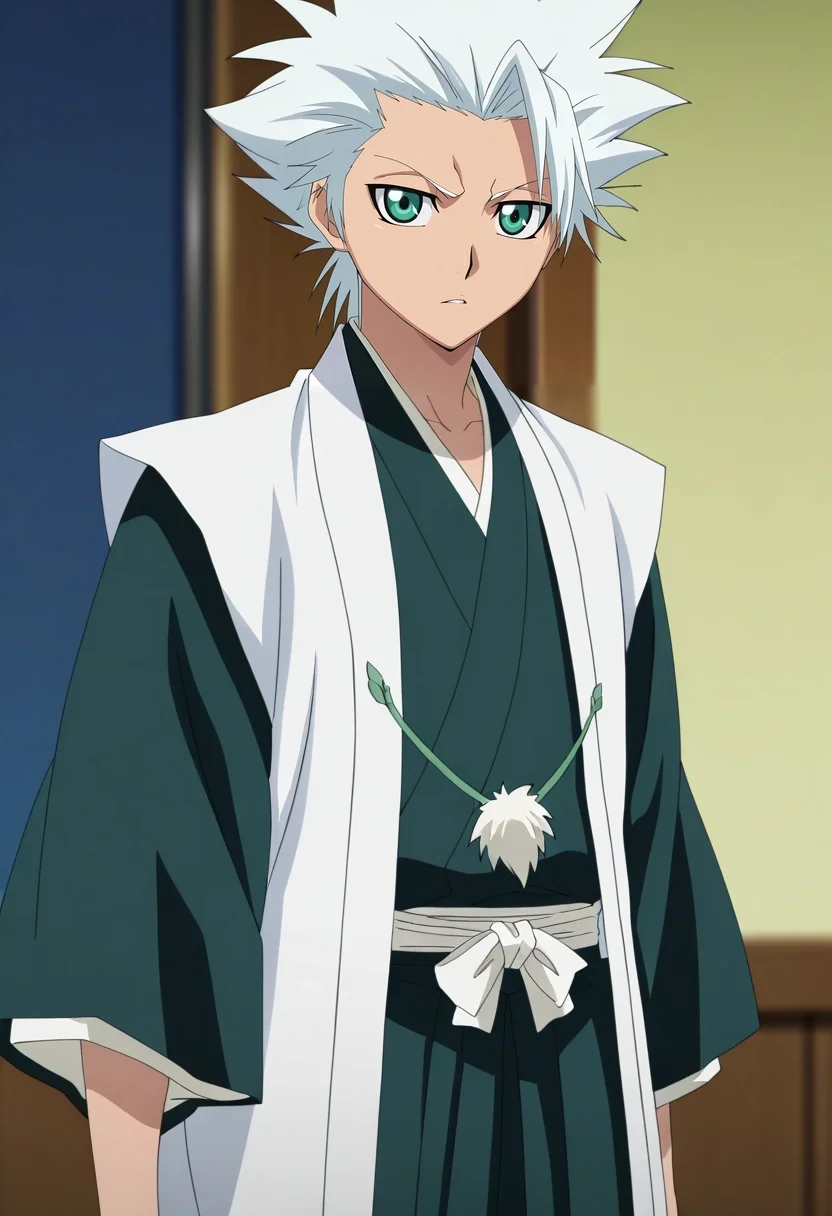 masterpiece, best quality, , anime screencap, anime coloring, official style, looking at viewer, depth of field, 1boy, solo, male focus, <lora:toushirou_hitsugaya_ilxl:0.98>, toushirou_hitsugaya, white hair, green eyes, spiked hair, , japanese clothes, haori. , , , funny costume