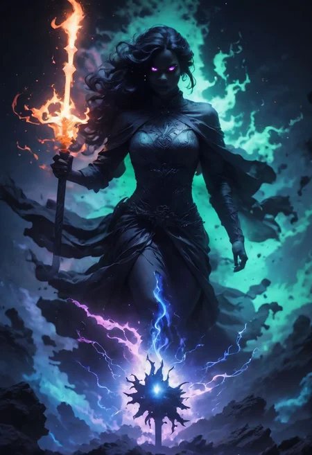Super closeup portrait. Silhouettes of dark ghostly woman. Perfect hands, capture the essence of Earth's mystical elemental, armed with elf hammer. She stands ready to fight intruders. Glowing eyes. Glowing hammer. Earth color palette. Nudity. Realistic. DEVIL SPAWN