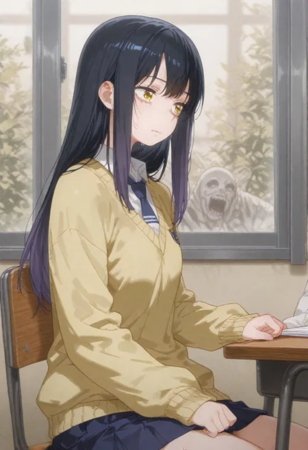 source_anime, high res image, masterpiece, best quality, absurdres, scenic, (ultra-detailed), absolutely eye-catching, very aesthetic, perfect composition, ultra detailed face, detailed eyes,
very awa, nyalia,
1igrl, Yotsuya_Miko,
yellow eyes, black_hair, long_hair, gradient_hair, medium_breasts,
school_uniform, yellow_sweater, pleated_skirt, blue_skirt, blue_necktie, white_shirt,
<lora:provocation_illustrious_V1.0:1>,
school desk, chair, sitting, school uniform, shirt, skirt,
scary, worried, teary, tremble, afraid, sweat, nervous sweating,
side view,
ghosts, terrifying ghosts, ghosts outside the windows