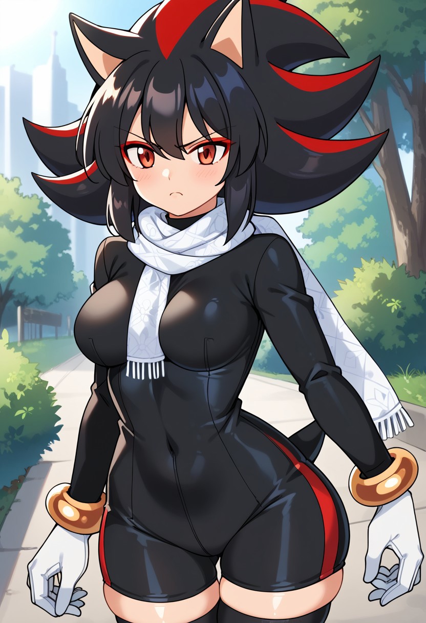 score_9, score_8_up, score_7_up, , shiny skin:0.1, source_anime , deep skin,, high quality, highres, , 1girl, (curvy), ((wide hips)), medium breasts, thick thighs, cute, , sexy, , ShadowGijinka, 1girl, big hair, black hair, red highlights, red eyeshadow, hedgehog ears, hedgehog tail, red eyes, spiked hair, hair between eyes, sidelocks, gold bracelets, white gloves, black turtleneck, long sleeves, shirt, white scarf, black shorts, black stockings, solo, skintight shirt, outside, frown, angry